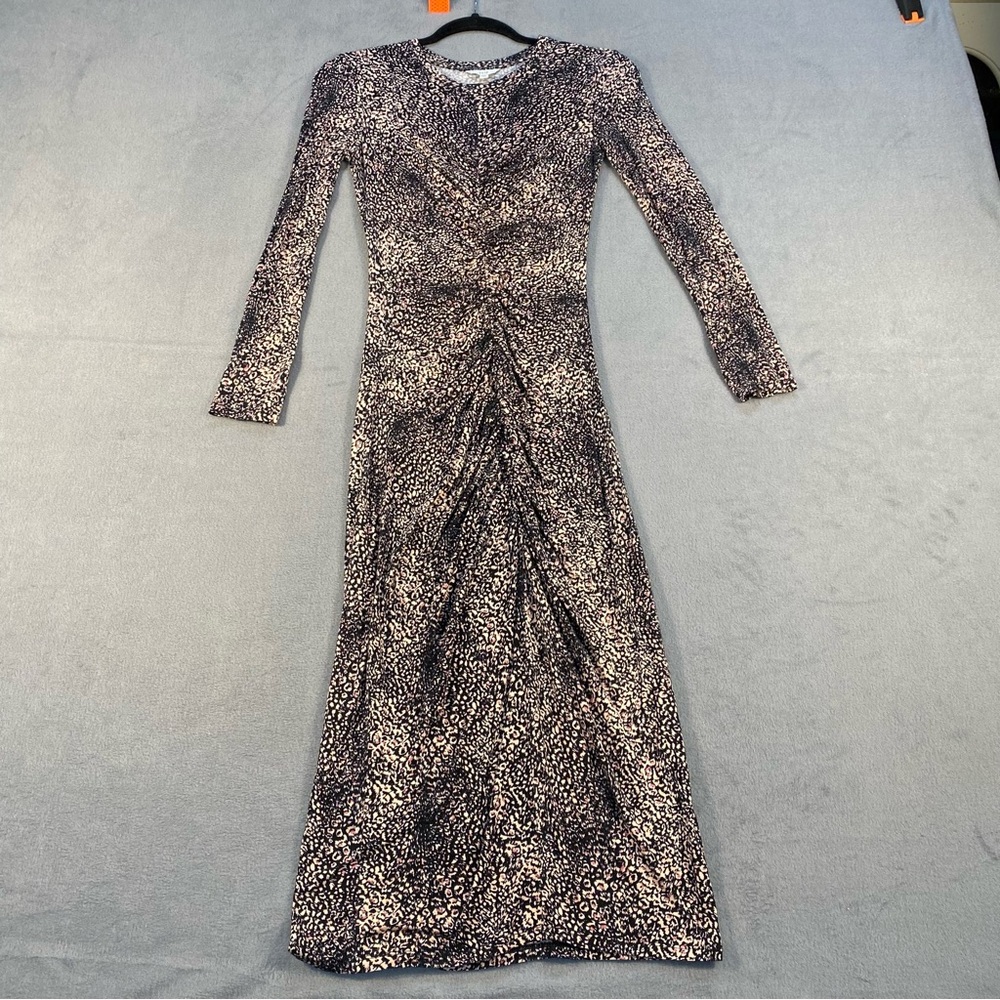 Joie Women’s Black and Tan Animal Print Rouched Maxi Knit Dress, Long sleeves,XS